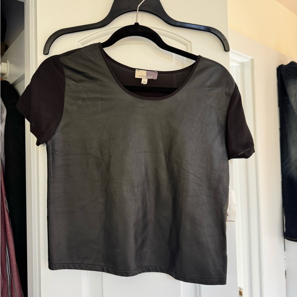 Piper Gore Black Leather Short Sleeve Top